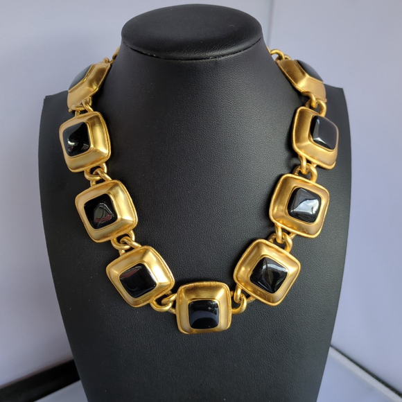 Vintage Anne Klein Black Enamel Chunky Necklace and Earrings - Picture 2 of 10